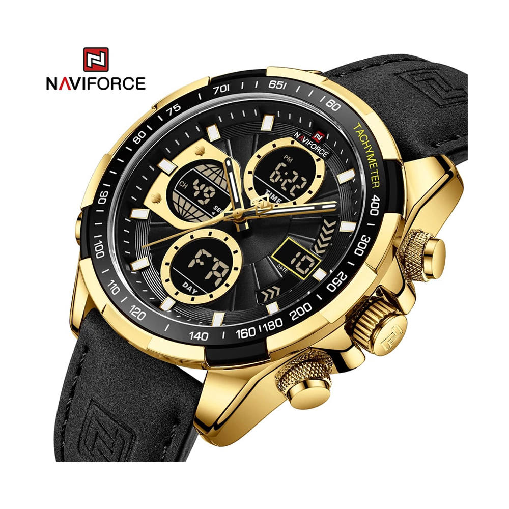 NAVIFORCE NF9197 PU Leather Dual Time Watch For Men - Golden and Black