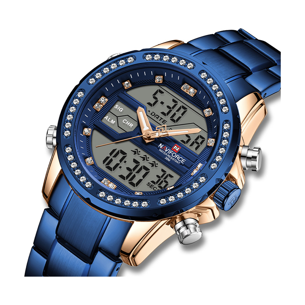 Naviforce 9190 Stainless Steel Dual Display Sport Wristwatch For Men - Rose Gold Blue