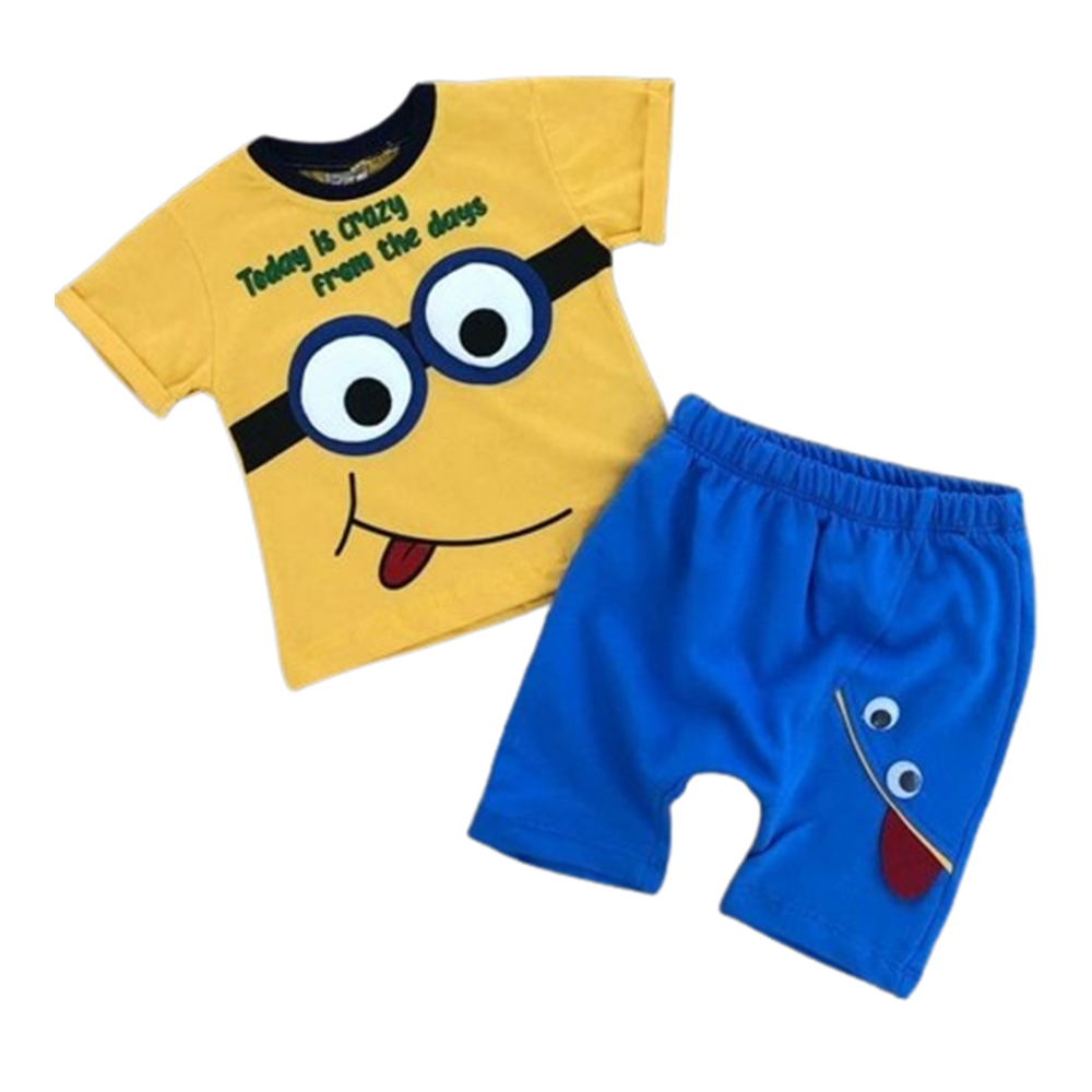 China Cotton T-Shirt and Half Pant Set For Kids - Yellow and Blue - BM-41