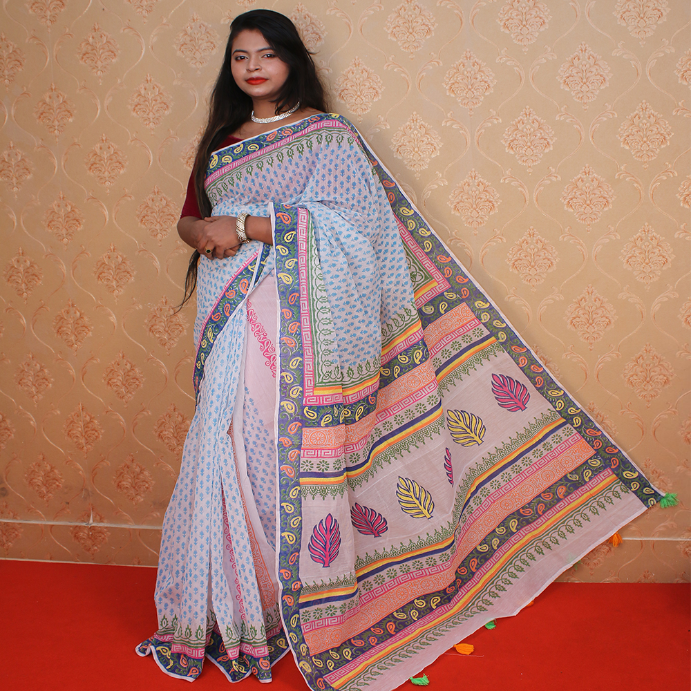 Cotton Half Silk Hand Printed Saree For Women - White - Single _ 12