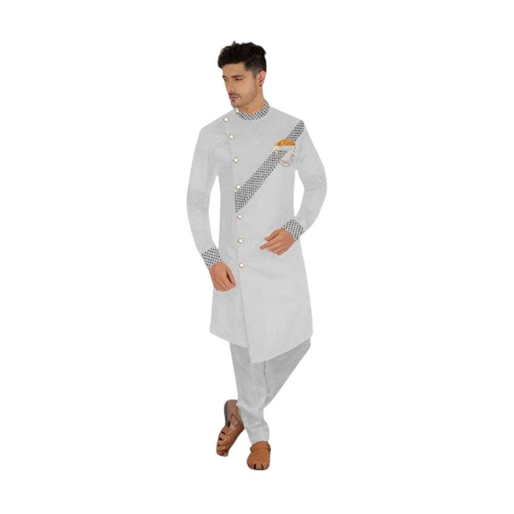 Cotton Embroidery Sherwani Panjabi With Pajama For Men - White - PS-12