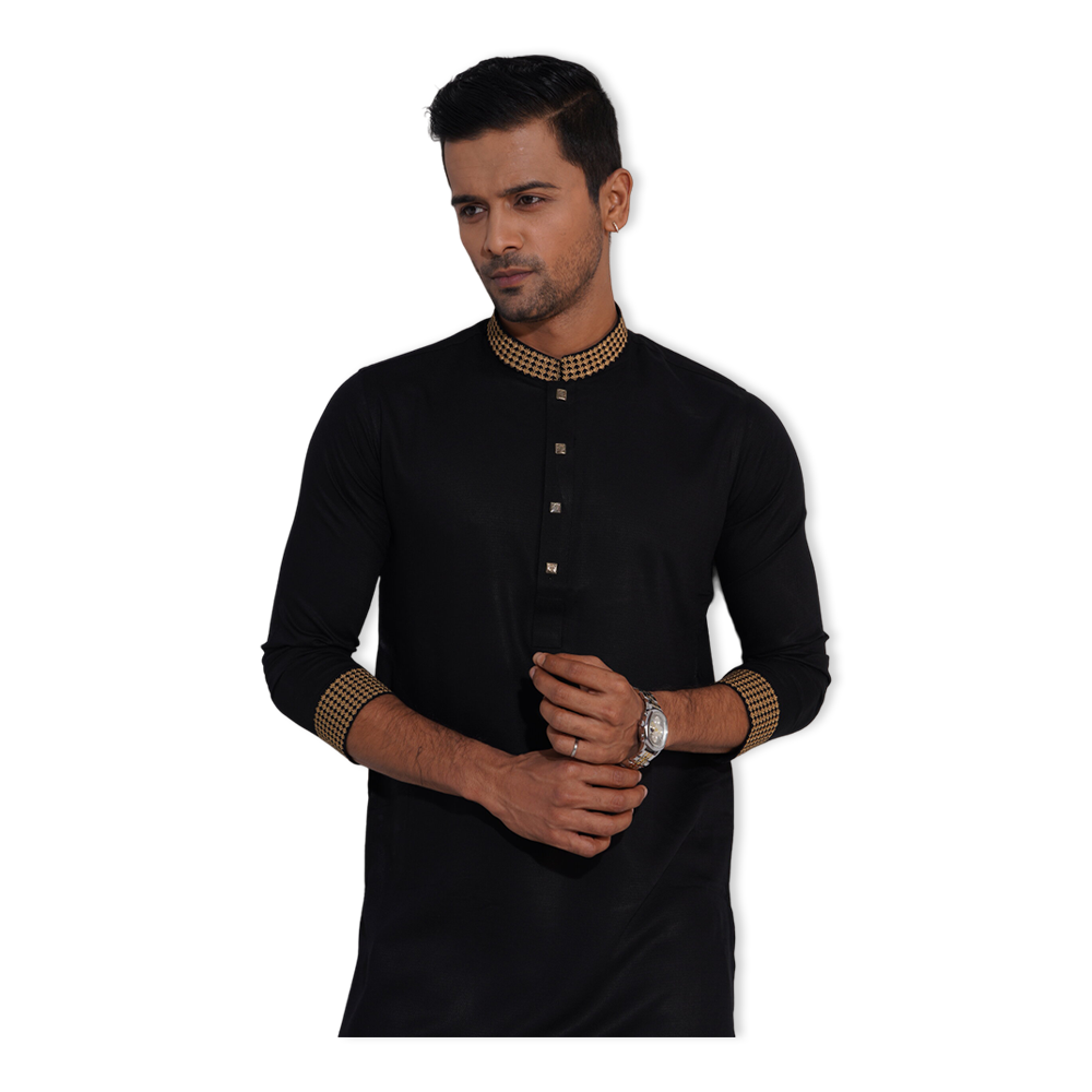 Aman Cotton Embroidery Panjabi For Men - Black - AP-15