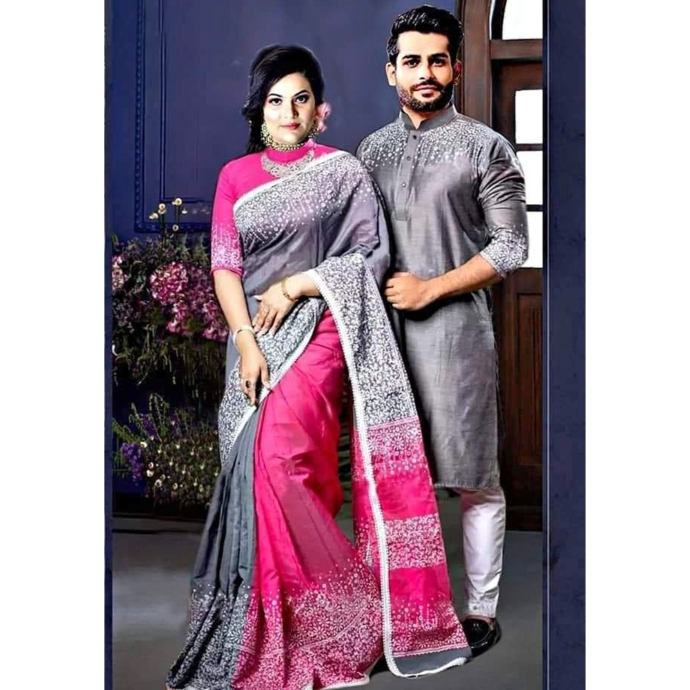 Half Silk Block Print Saree and Dhupian Cotton Panjabi Couple Set - Multicolor - 326