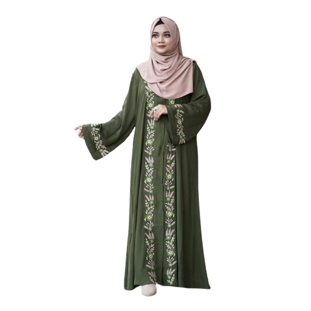 Dubai Cherry Embroidered Marjiya Borkha With Hijab - Olive