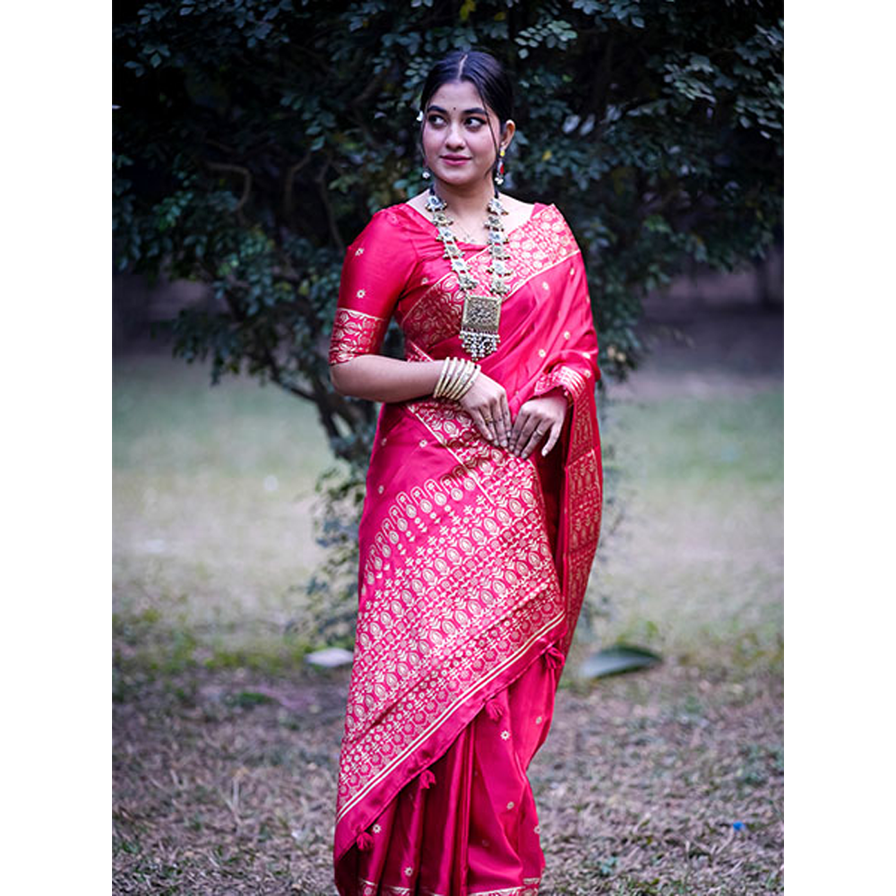Japani Skin Print Silk Saree With Blouse Piece For Women - Red -SF-035