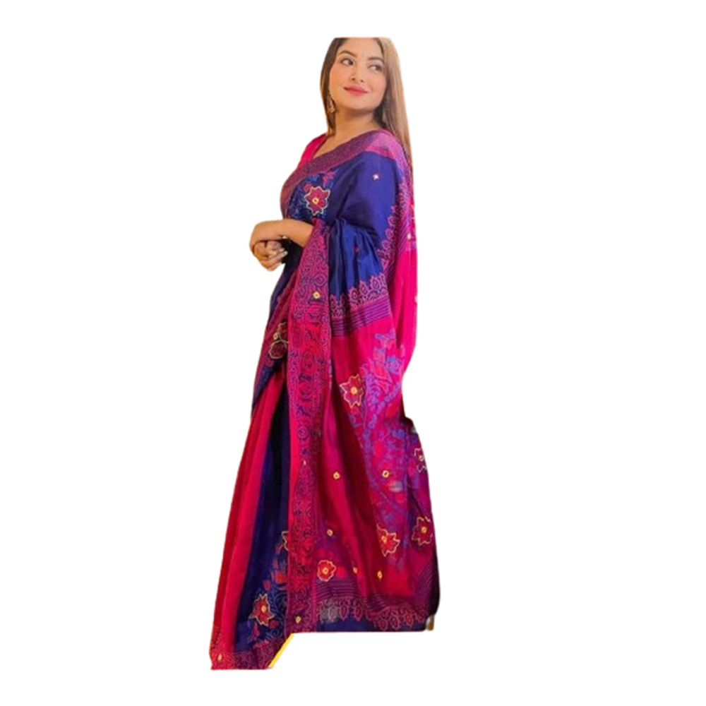 Dupion Silk Saree For Women - Blue and Magenta - SP-H35