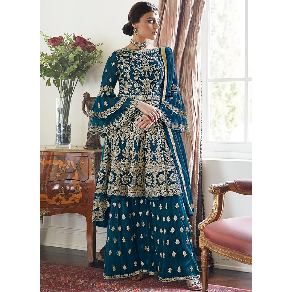 Weightless Georgette Embroidered Readymade Party Dress for Women - Dark Blue - HP-MPD-413