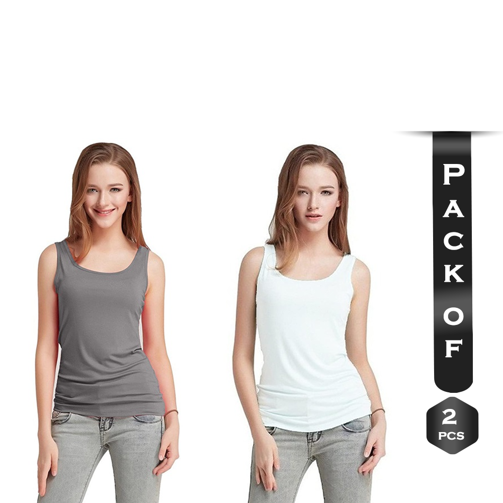 Pack of 2 Pcs Cotton Sleeveless Tank Tops for Women - Deep Ash and White - u3017