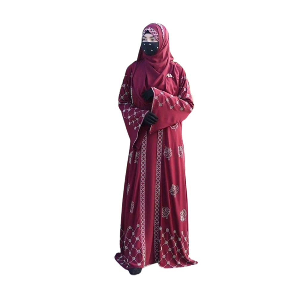 Dubai Cherry Embroidery Koti Burka With Hijab For Women - Maroon