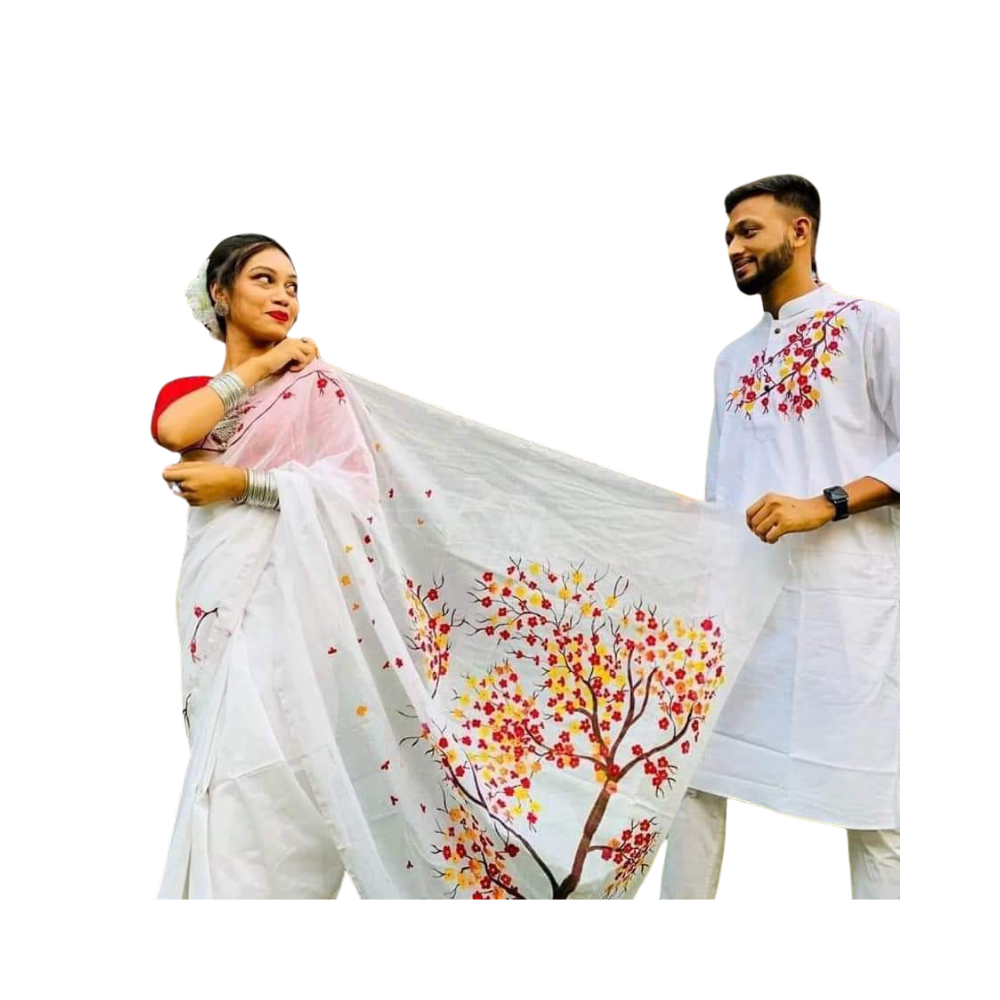 Cotton Silk Saree and Dhupian Cotton Panjabi Couple Dress - White - SC85