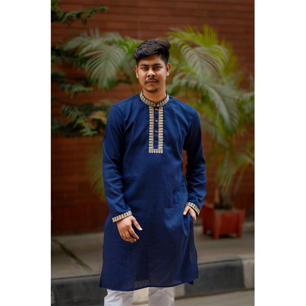 Cotton Semi Long Panjabi for Men - Blue - 418