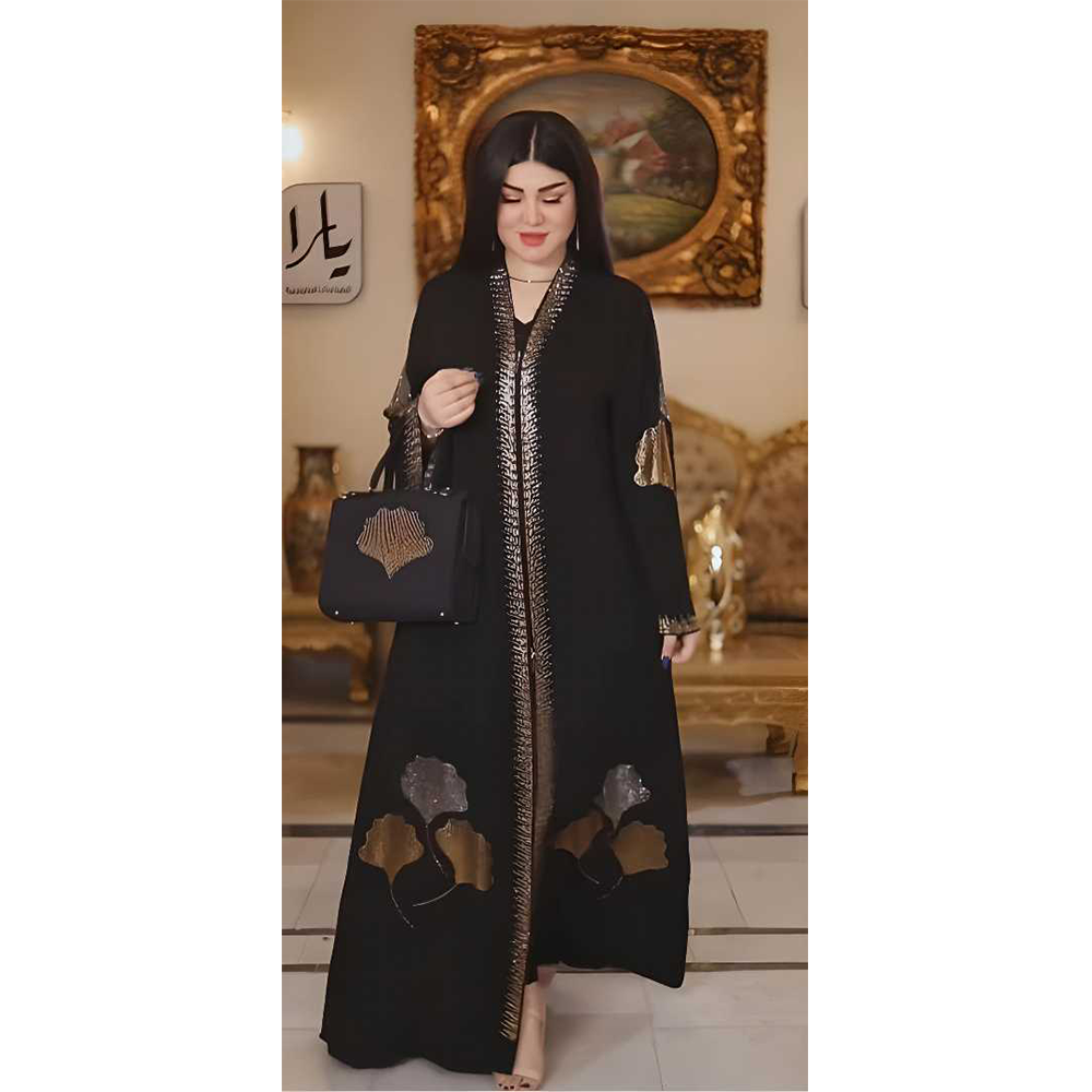 Dubai Cherry Stone Work Kaftan Abaya Borkha For Women - Black With Bag Hijab