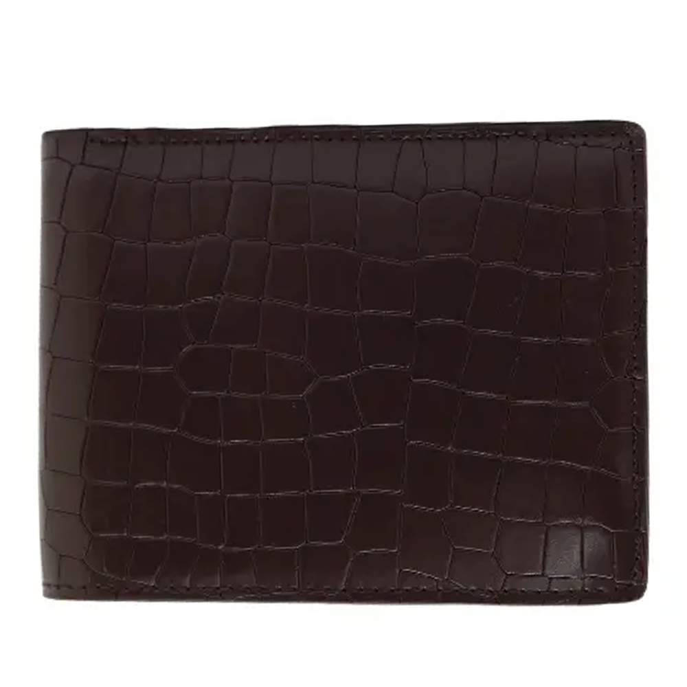 Leather Crocodile Print Bifold Slim Wallet For Men - Dark Brown