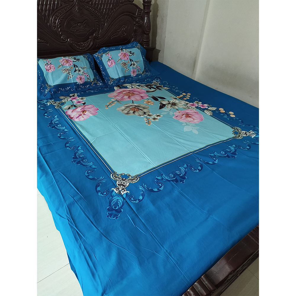 Twill Cotton King Size Double Bed Sheet With Pillow Cover - Blue - BT 07