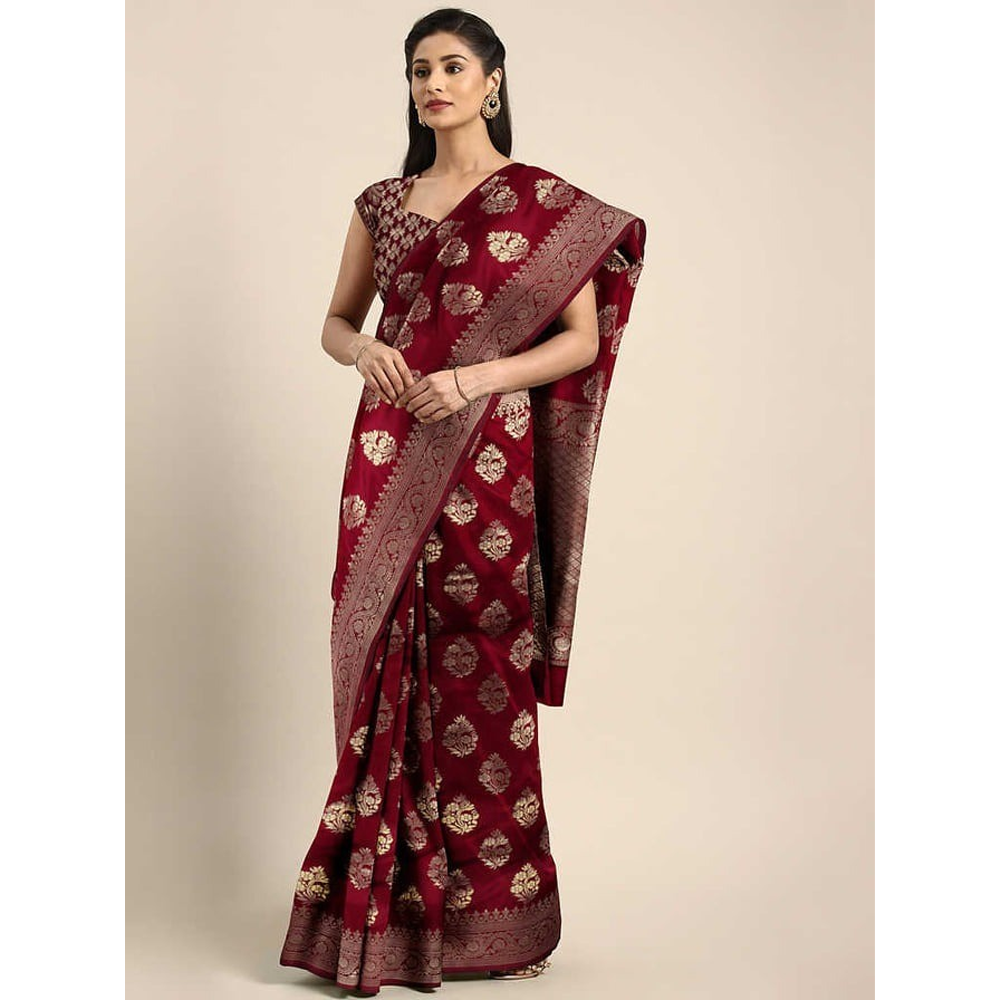 Silk Printed Gorgeous Saree With Blouse Piece For Women - Maroon - MN-748