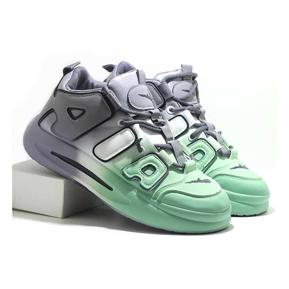 Pu Leather Sneaker Shoe For Men - Gray and Green - MSK 428