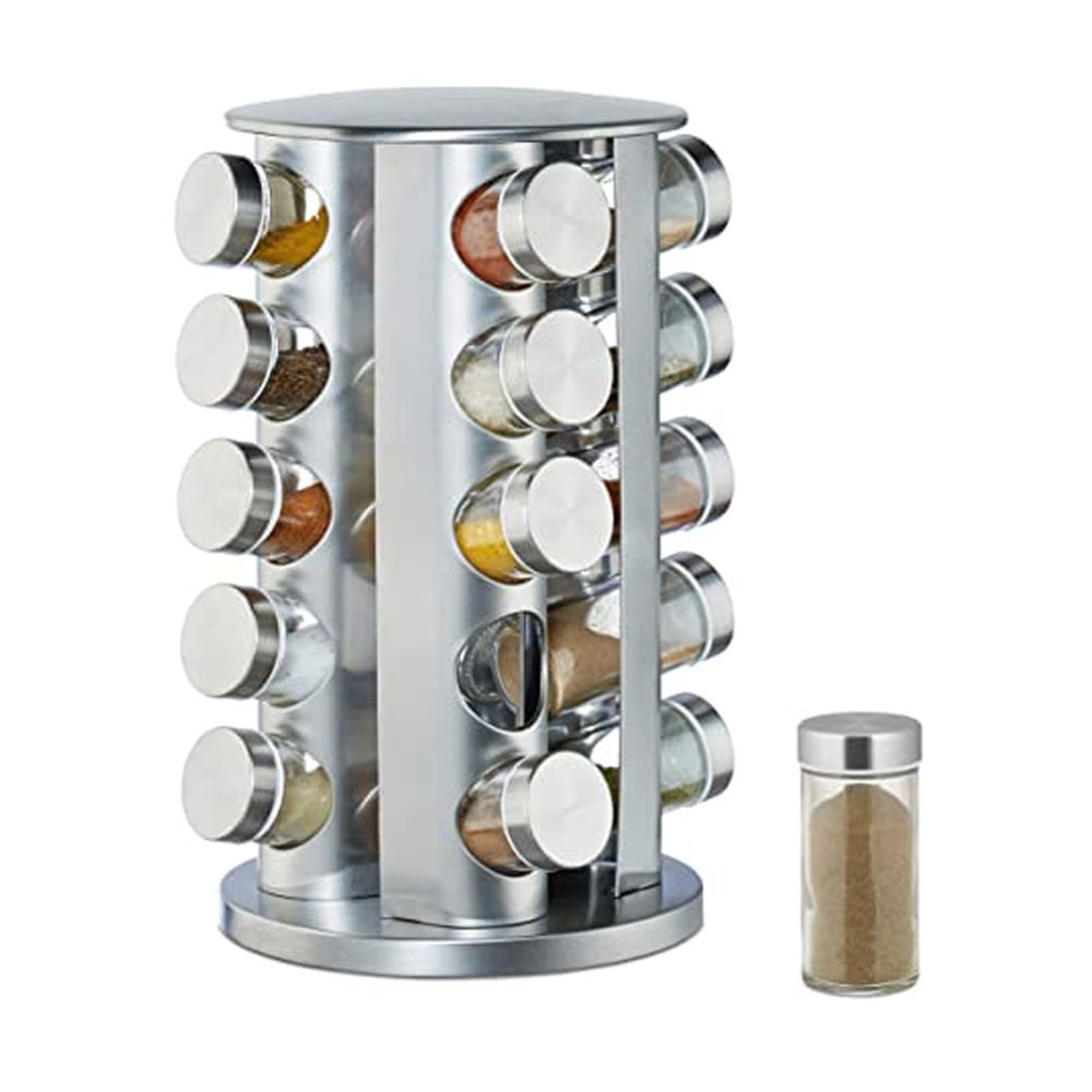 Stainless Steel Revolving Spice Rack Tower of 20 Jars - Silver