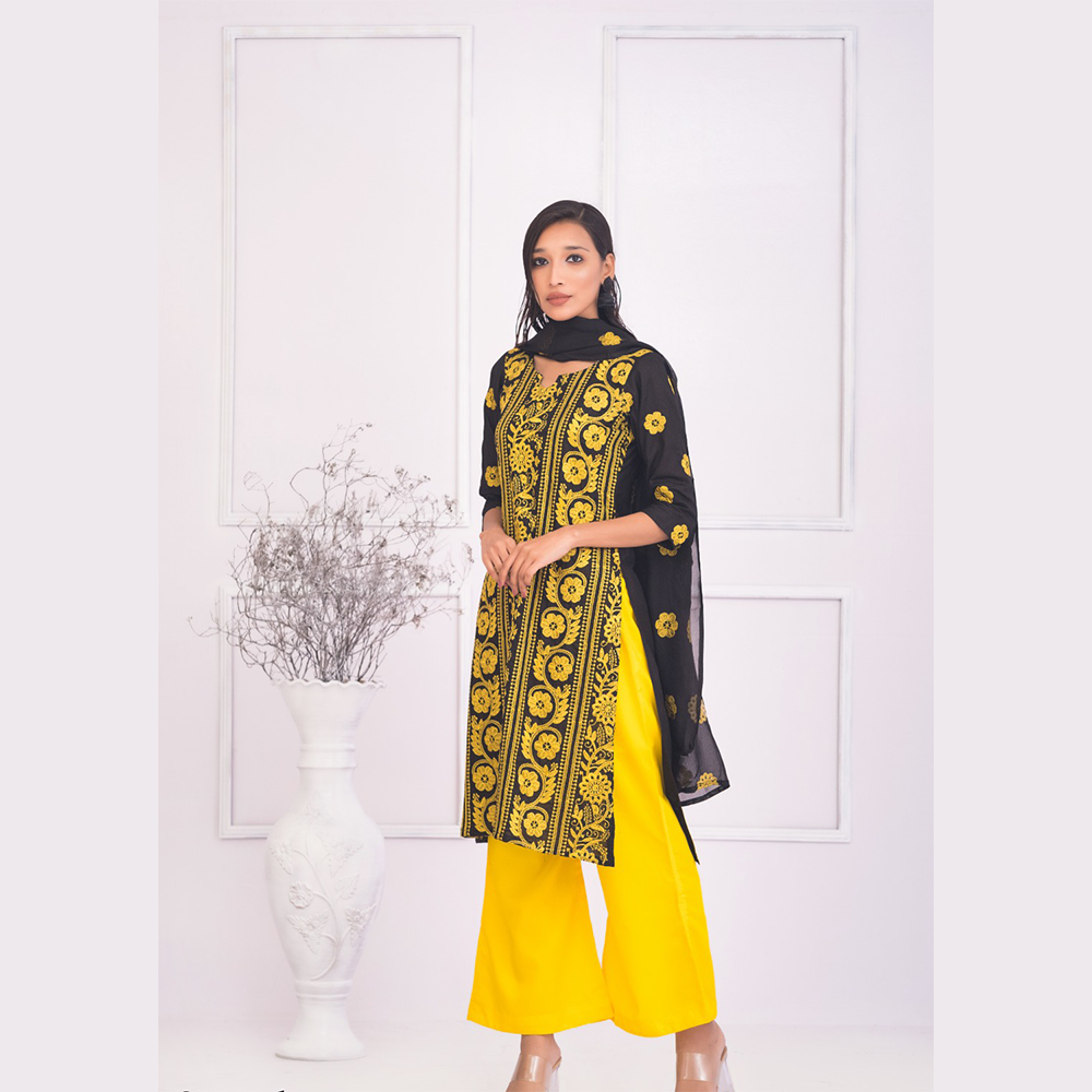 Cotton Embroidered Semi Stitched Salwar Kameez for Women - Black and Yellow