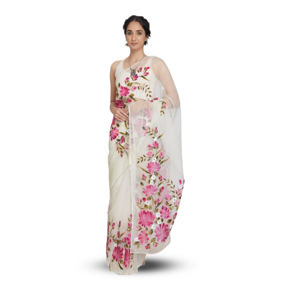 Hand Printed Half Silk Saree for Women - White - SP-87 