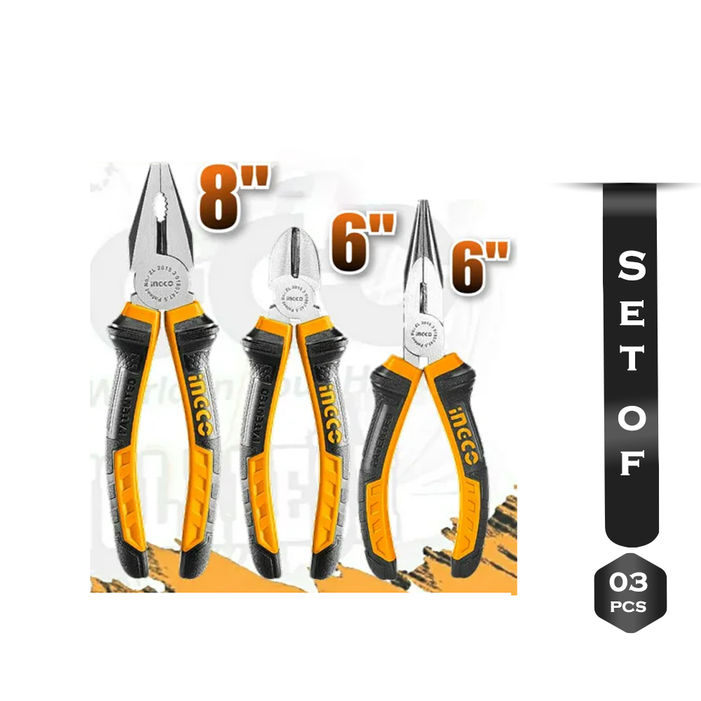 Set of 3Pcs Ingco HKPS08318 Cutting Pliers Set - Yellow and Black