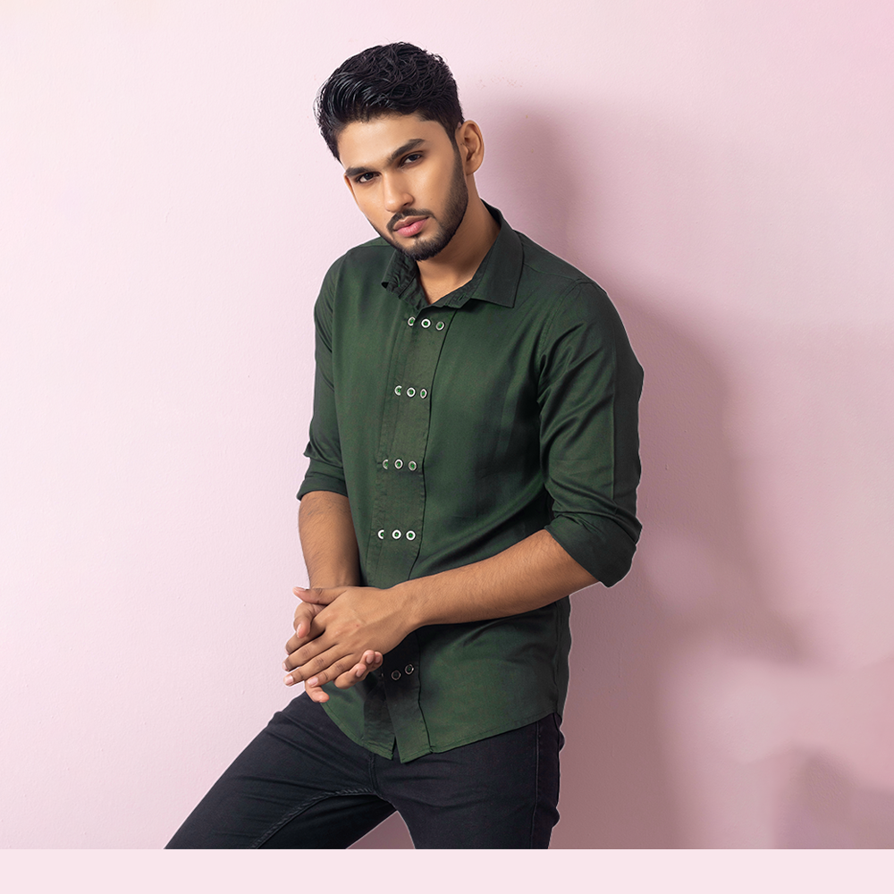 Cotton Double Plate Casual Shirt For Men - Bottle Green - ST-23ED-30