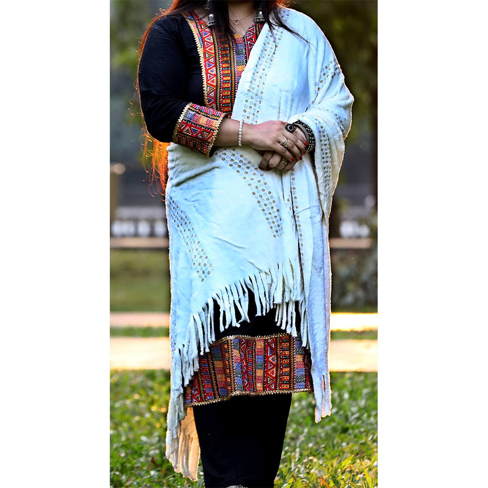 China Velvet Shawl with Stone Work - Off White - CSK-13