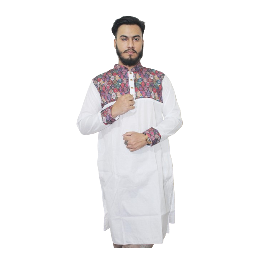 Dupion Silk Semi Long Panjabi For Men - White