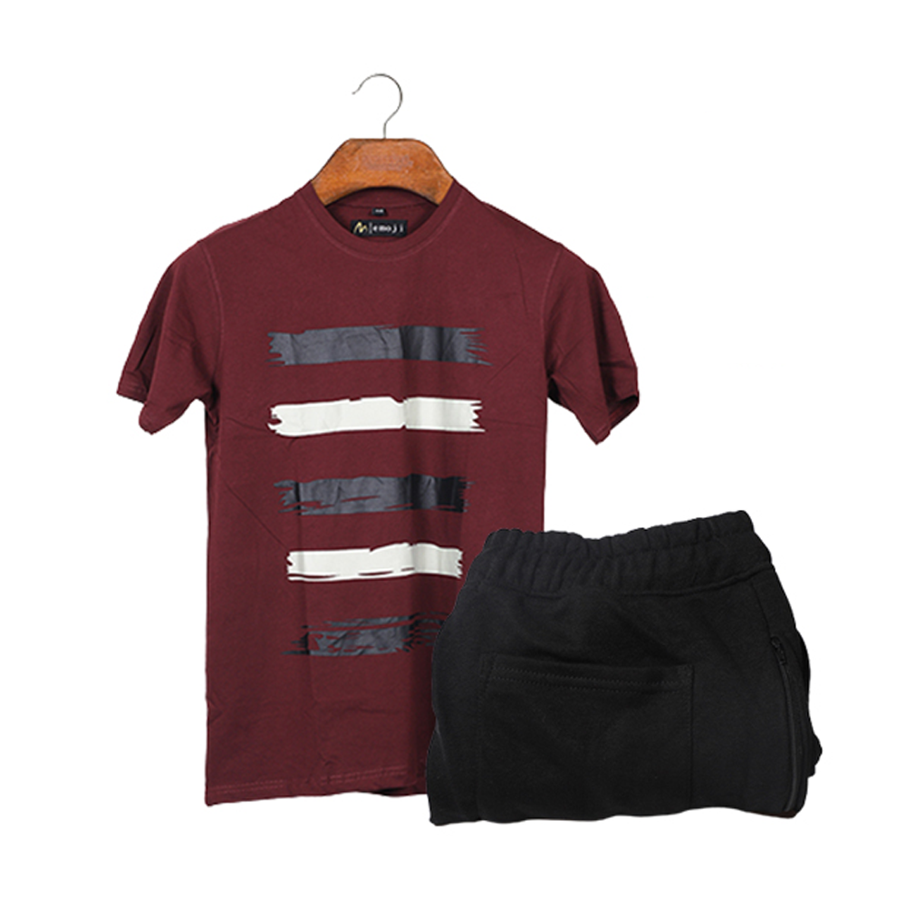 Cotton Half Sleeve T-Shirt & Terry Joggers For Men - Maroon & Black - EMJ#MTBJC