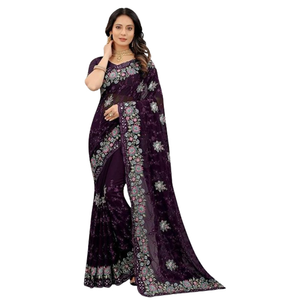 Weightless Georgette Embroidery Saree With Blouse Piece For Women - Violet - SJ-86