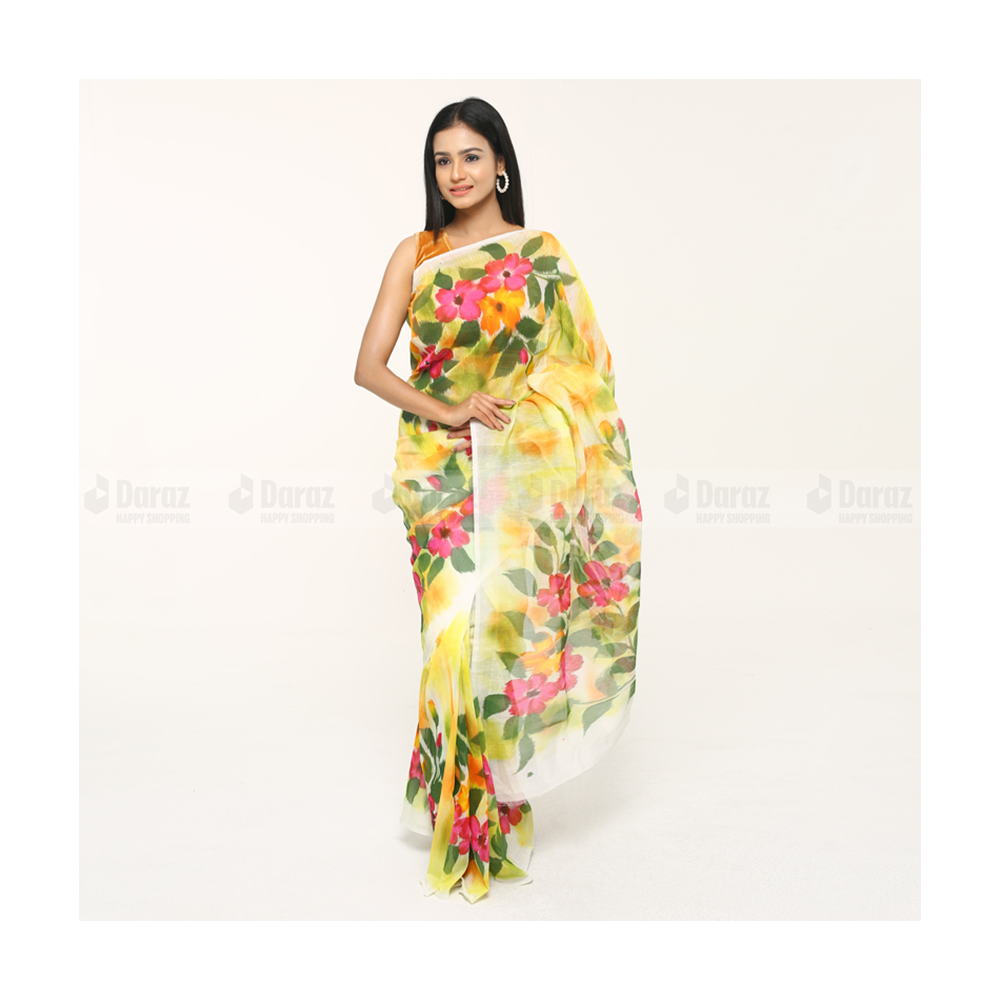 Hand Printed Half Silk Saree For Women - Multicolor