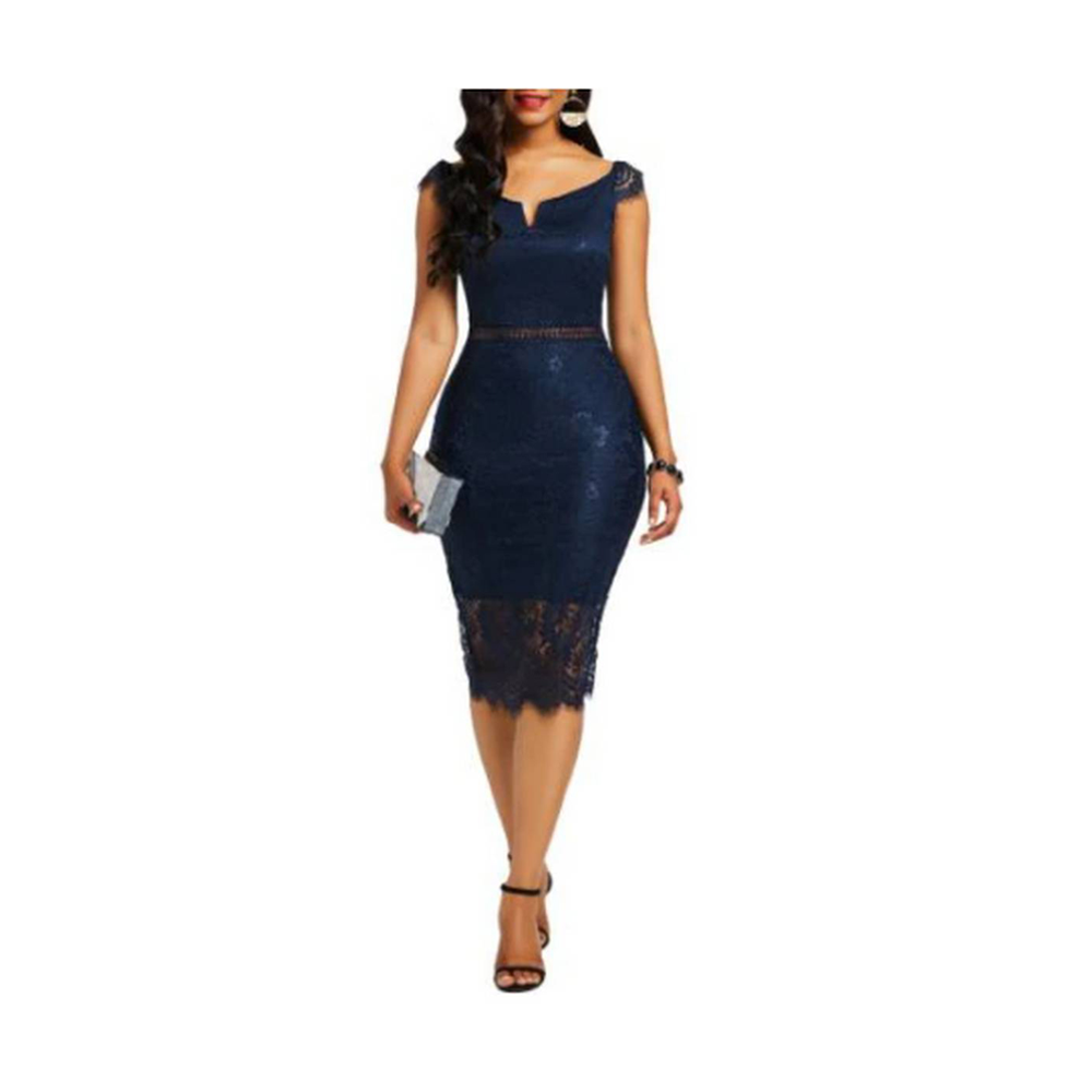 Polyester Spandex Collar Off-Shoulder Short-Sleeve Dress for Women - Dark Blue - 14017228
