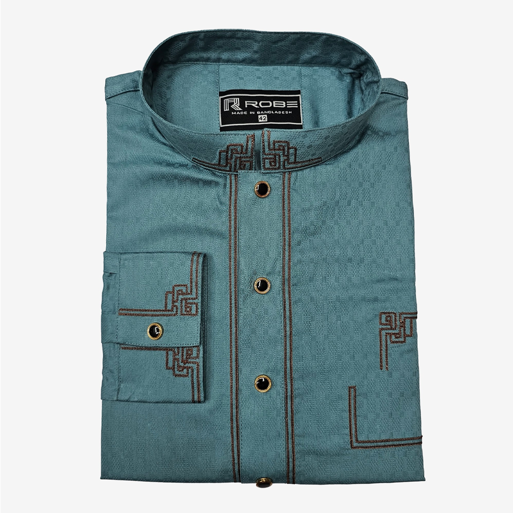 China Cotton Embroidery Panjabi For Men - Sea Green - 7621
