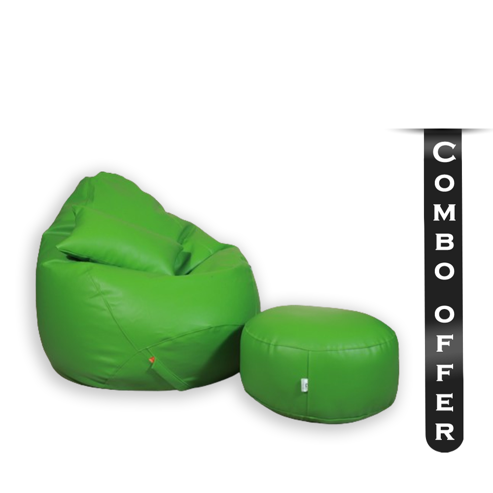 Combo of 3Pcs Leather Bean Bag - XXXL With Leg Rest and Cushion - Green	- APL3CGR