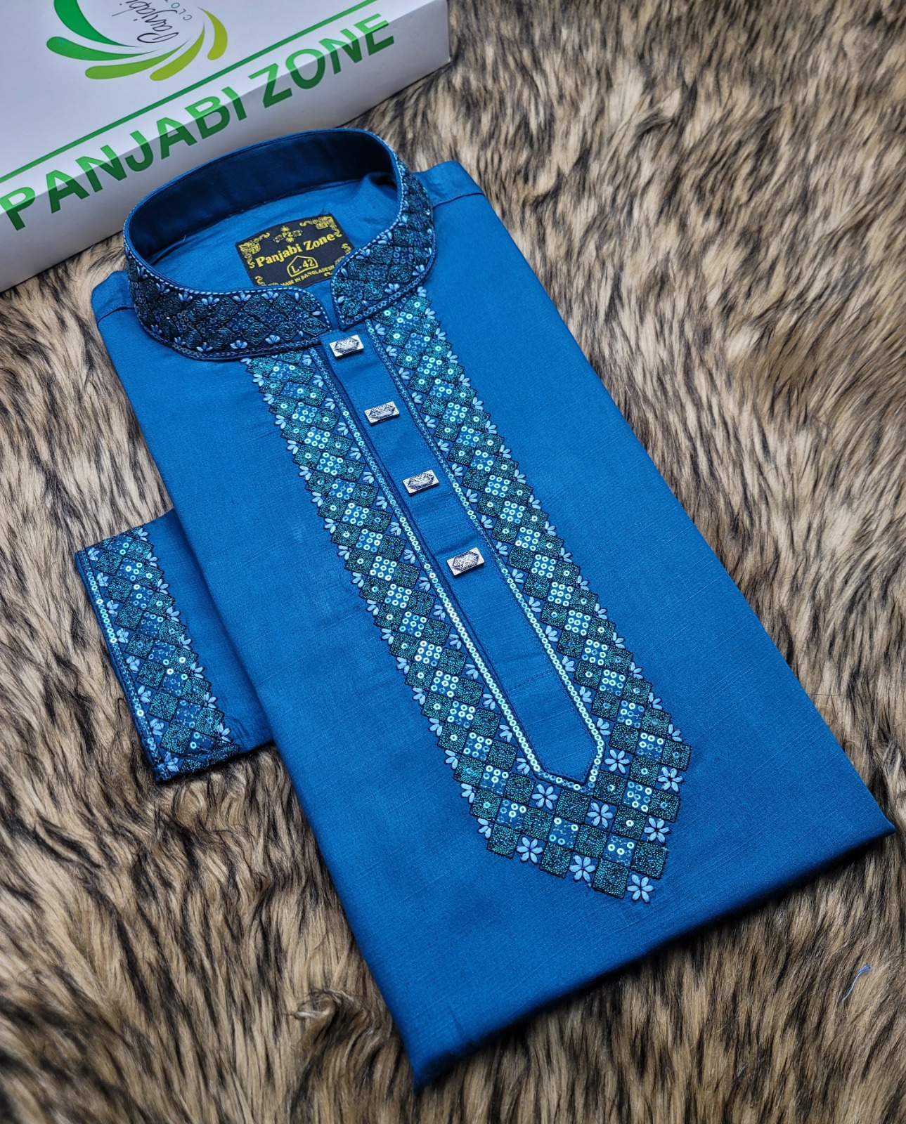 Cotton Sequence Embroidery Panjabi For Men - Blue - PZ-53