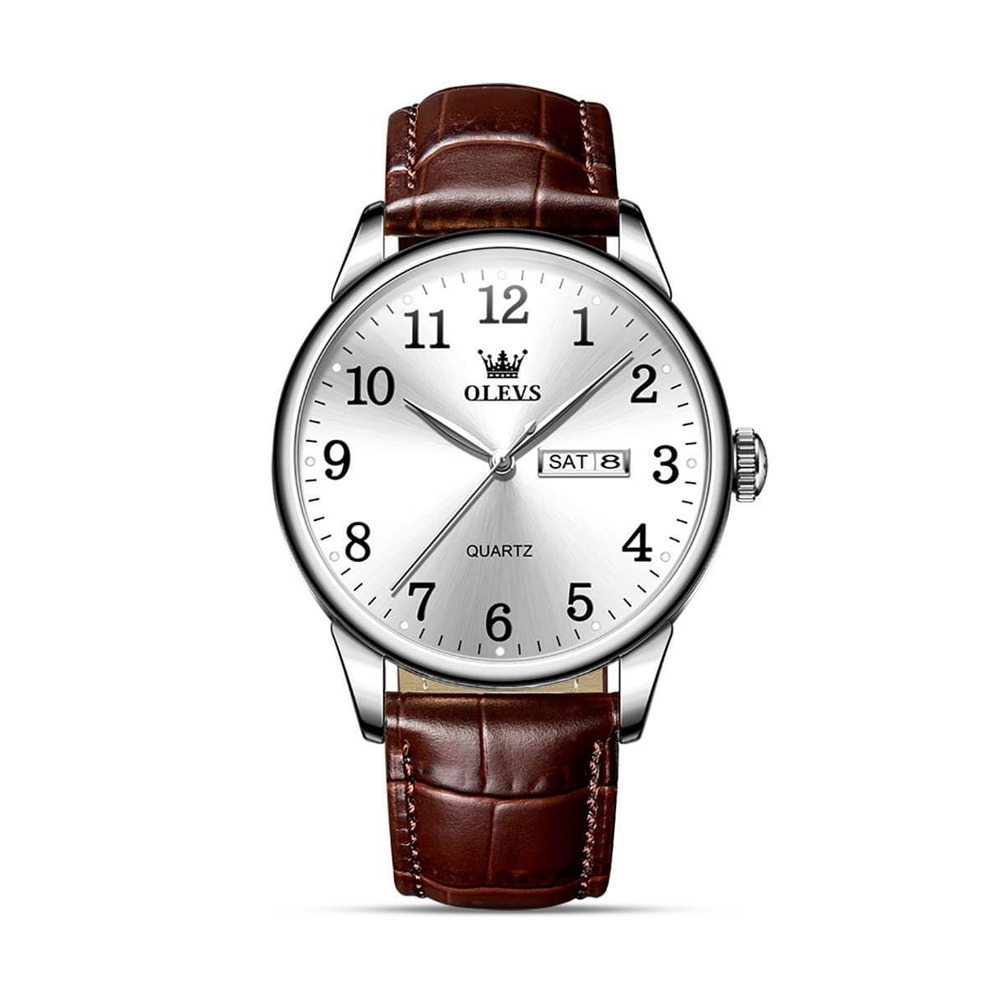 OLEVS 5535 PU Leather Analog Wrist Watch For Men - White and Brown