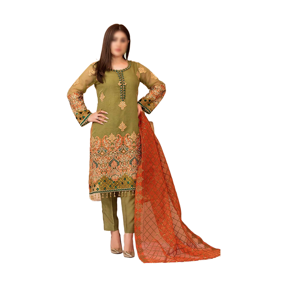 Three Pcs For Women Georgette and Butter Silk -  Green and Orange