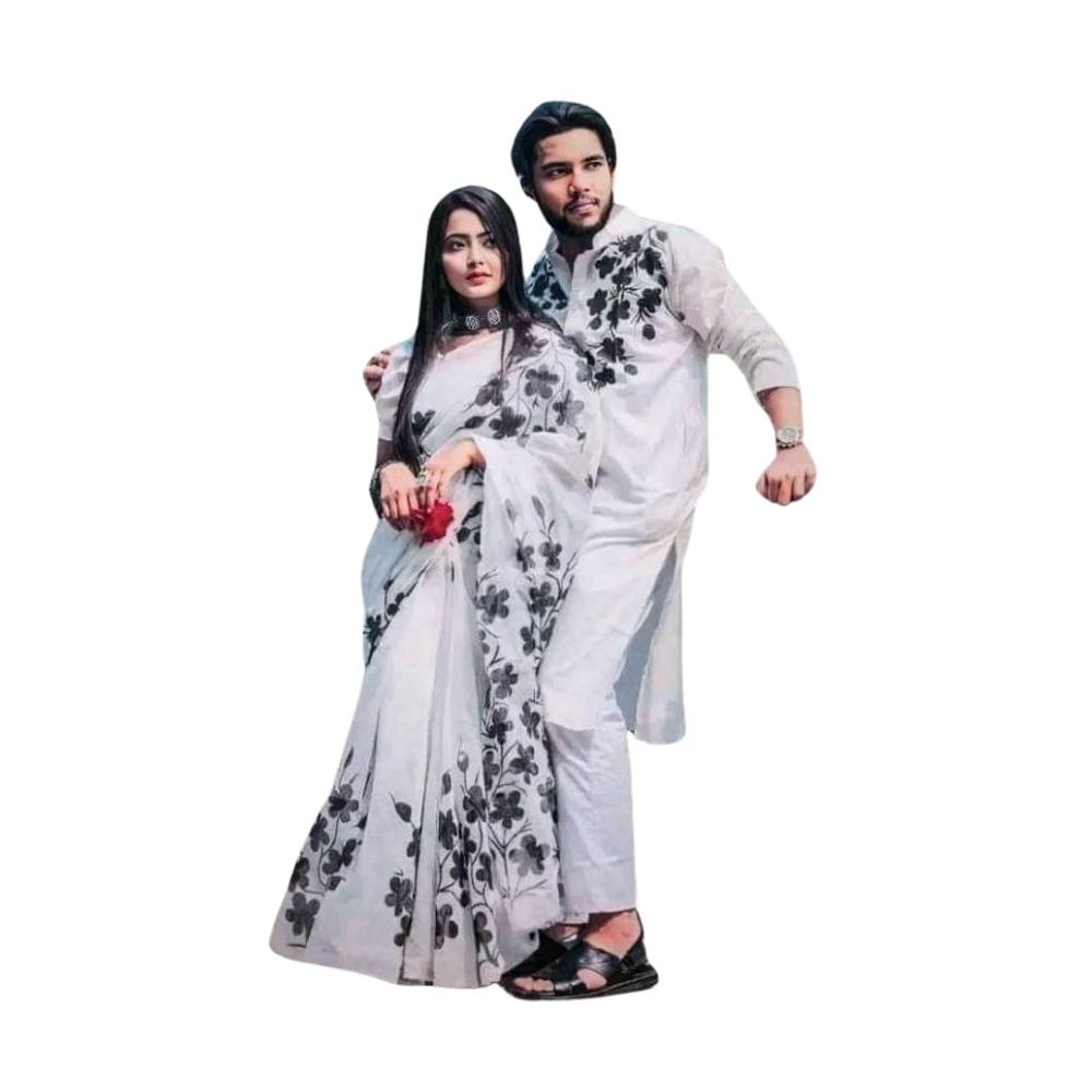Cotton Silk Saree and Dhupian Cotton Panjabi Couple Dress - Black & White - SC65
