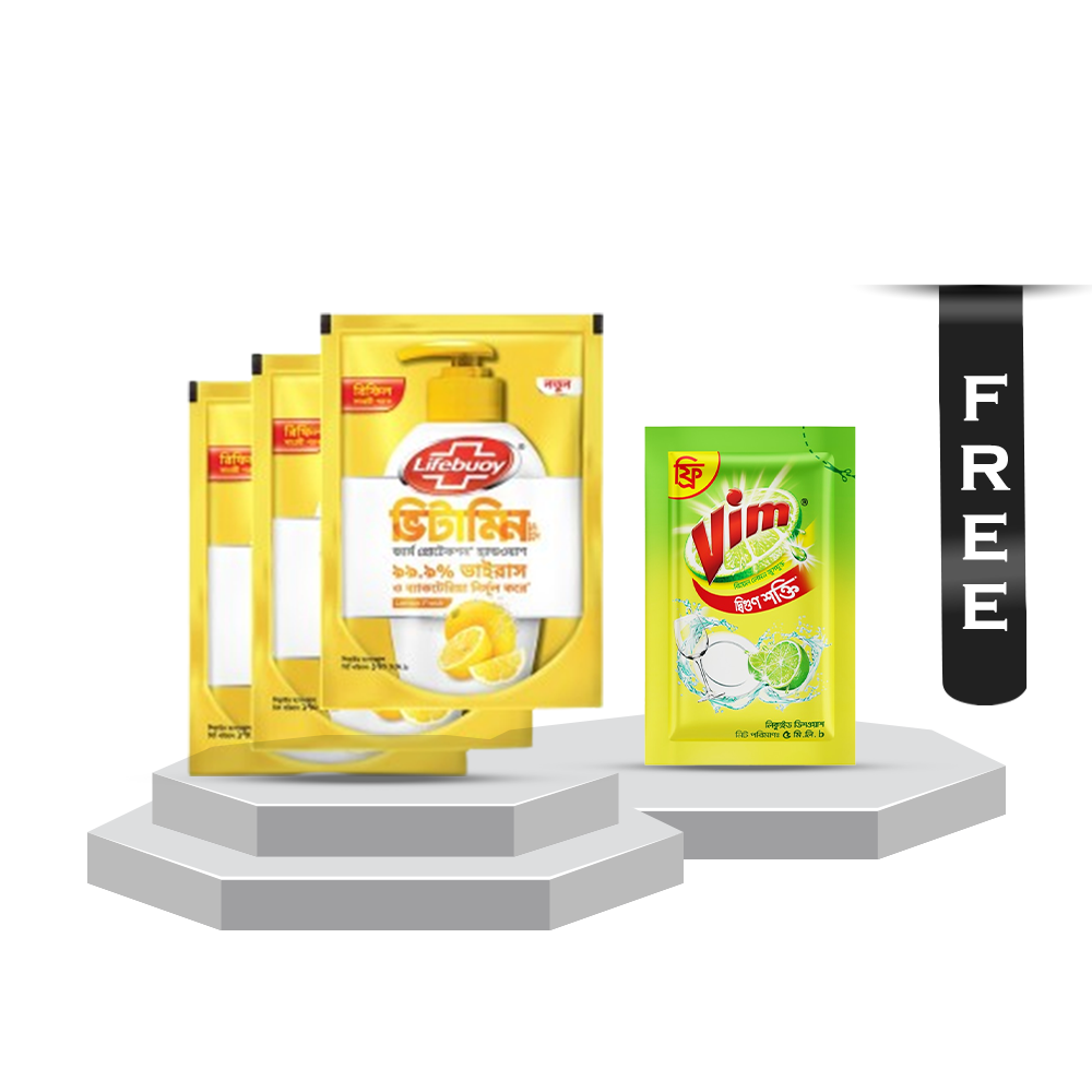 Bundle of 3 Pcs Lifebuoy Handwash Soap Lemon Fresh Refill - 170ml With Vim Liquid Dish Washer - 5ml Free