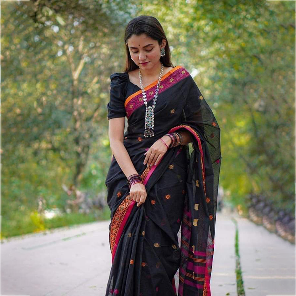 Cotton Aarong Sarees For Women - Black - SP-H29