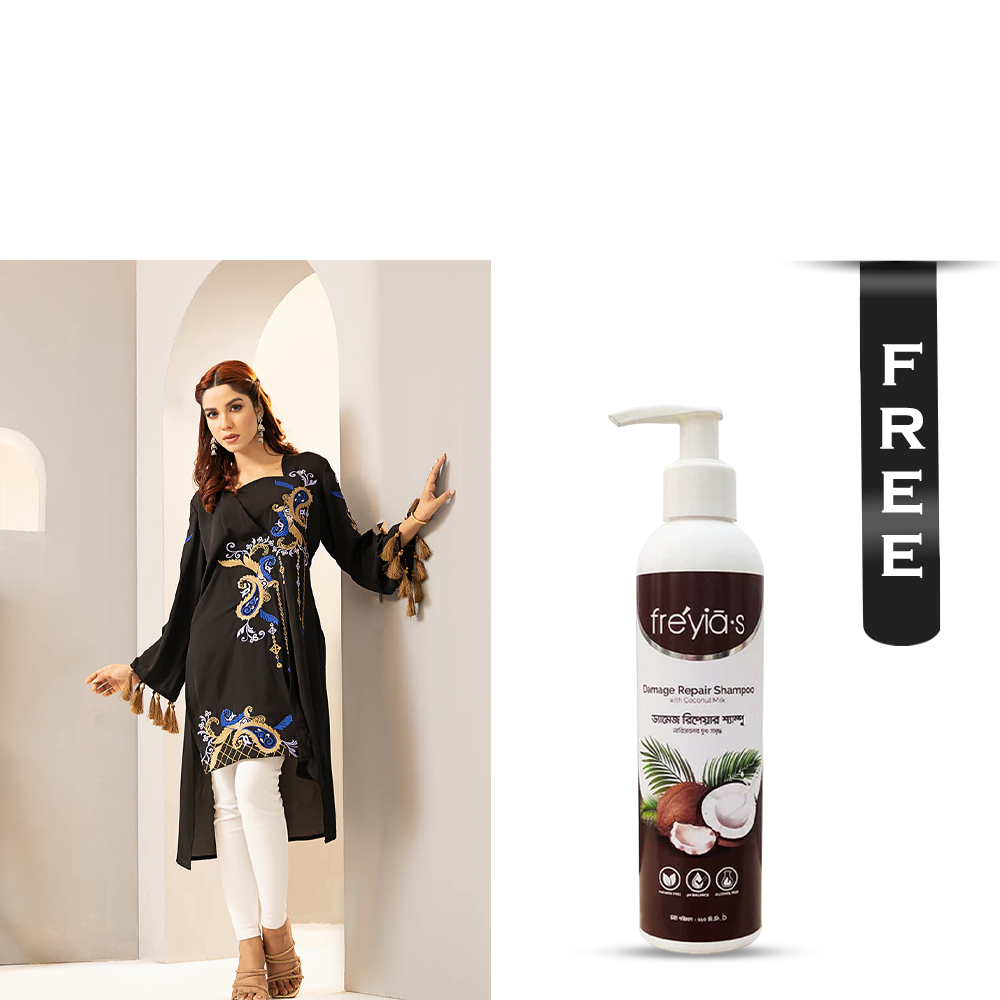 Buy Showstopper Cherry Georgette Kurti for Women - 0224 000299 - Black and Get Freyias Damage Repair Shampoo with Coconut Milk - 220ml Free