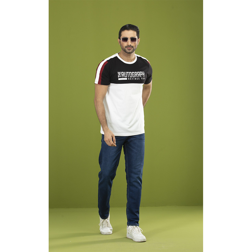 Cotton Round Neck T-Shirt for Men - Black And White - RN-03