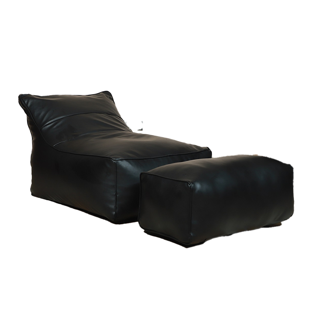 Leather Lounge Chair Bean Bag with Footrest - Standard - Black - ALCFBL