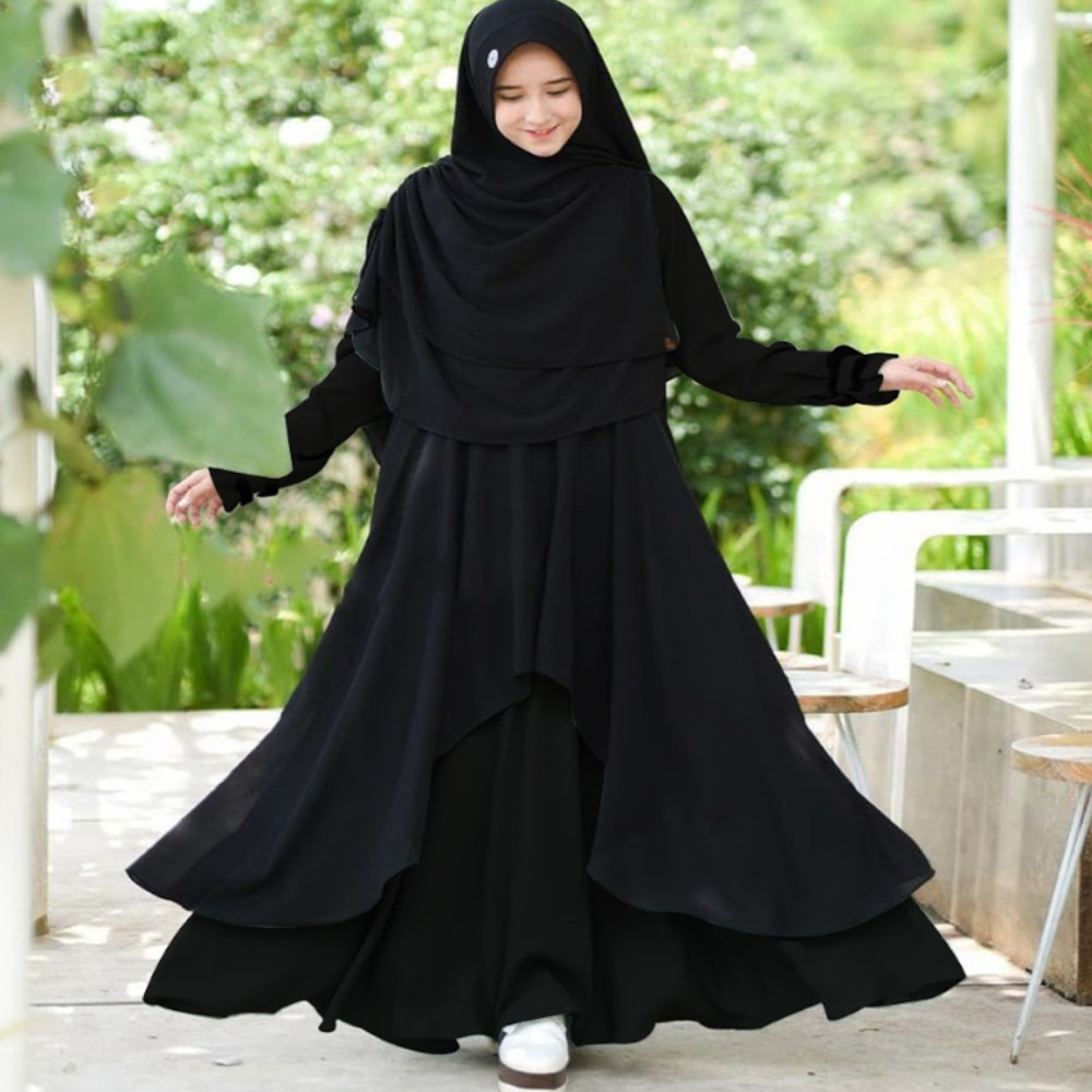 Dubai Cherry Fabric Mohuya Koti System Borkha Set for Women - Black - B_482