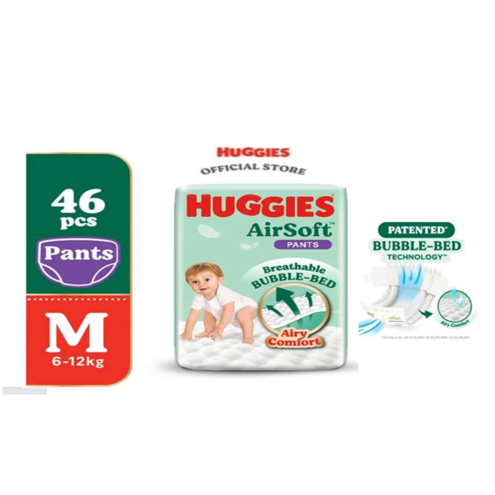 Huggies AirSoft Pants Baby Diapers - M Size - 6-12kg - 46Pcs