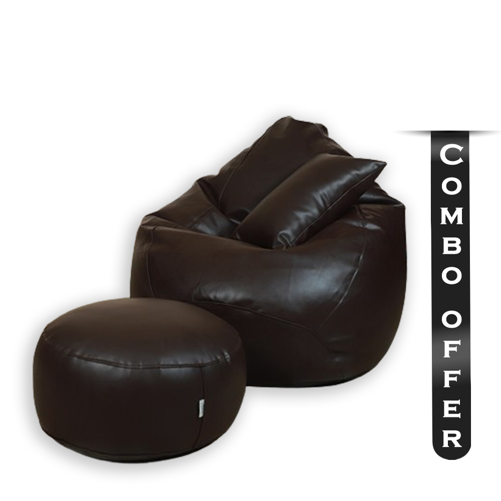 Combo of 3Pcs Leather Bean Bag - XXXL With Leg Rest and Cushion - Brown	- APL3CBR