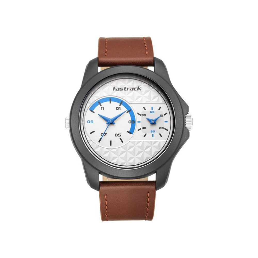 Fastrack Dual Time Quartz Analog Watch - White Dial Leather Strap