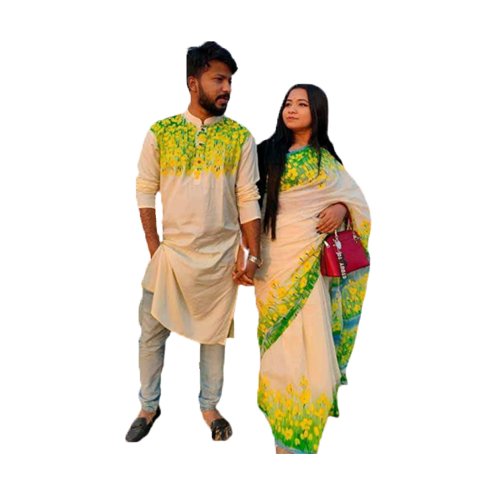 Hand Printed Saree With Panjabi Couple Set - Multicolor - CS-94