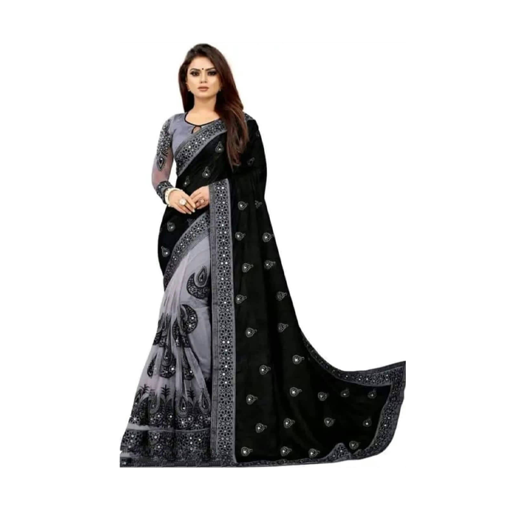 Embroidery Work Weightless Georgette Saree With Blouse Pcs For Women - Black and Ash 