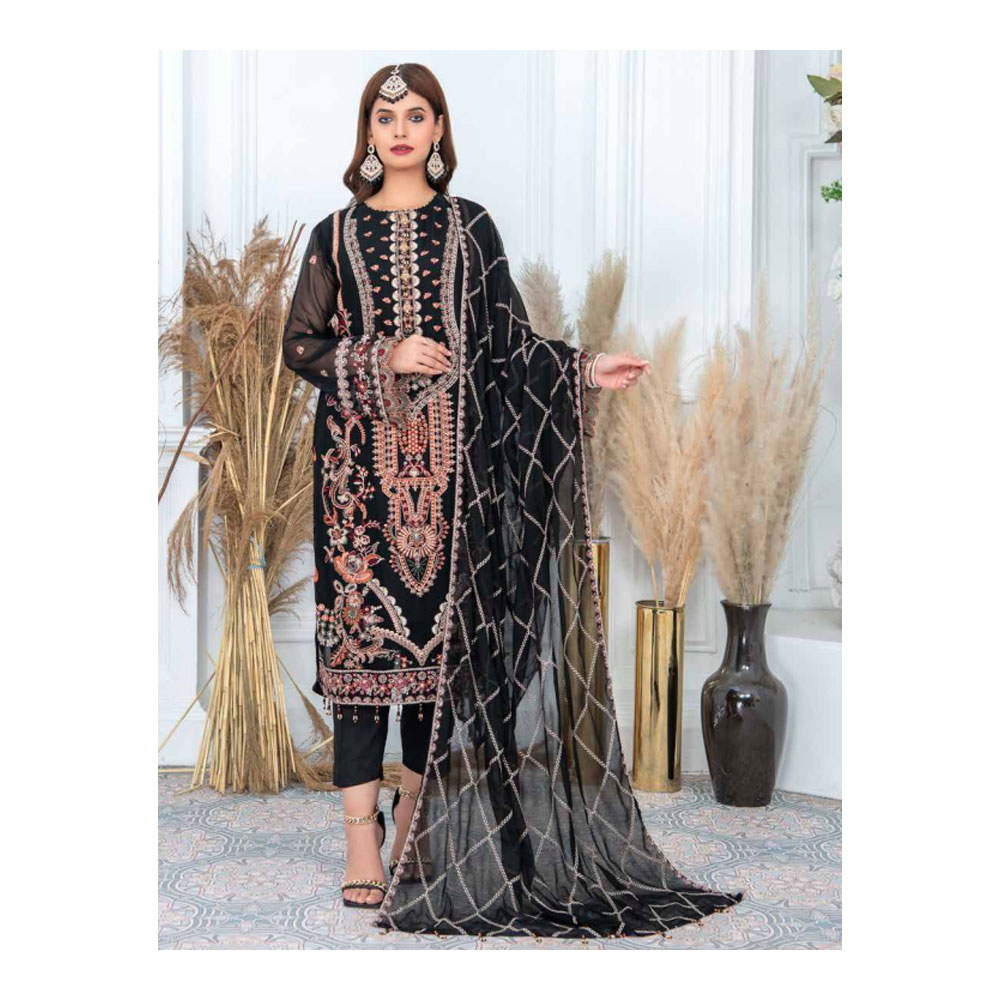 Semi-stitched Chiffon Party Dress for Women - Black - HP-3PP-301 (1 Pc Ring Free)