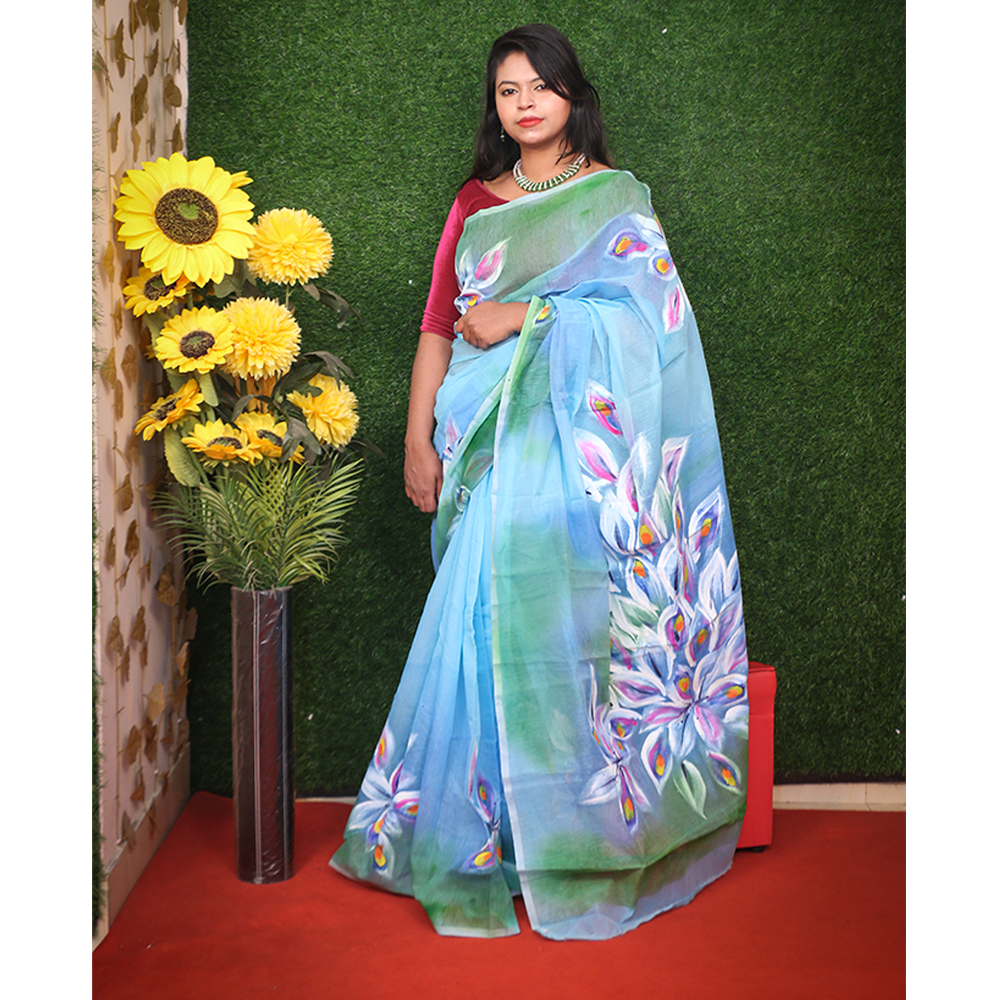 Cotton Hand Print Half Silk Saree for Women - Aqua